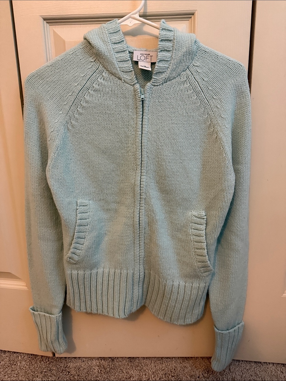 LOFT Light Aqua Hooded Zip Cardigan